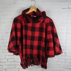ZARA RED BUFFALO PLAID COWL NECK BAT SLEEVE FRINGE HEM CROP CAPE BLOUSE SIZE M
